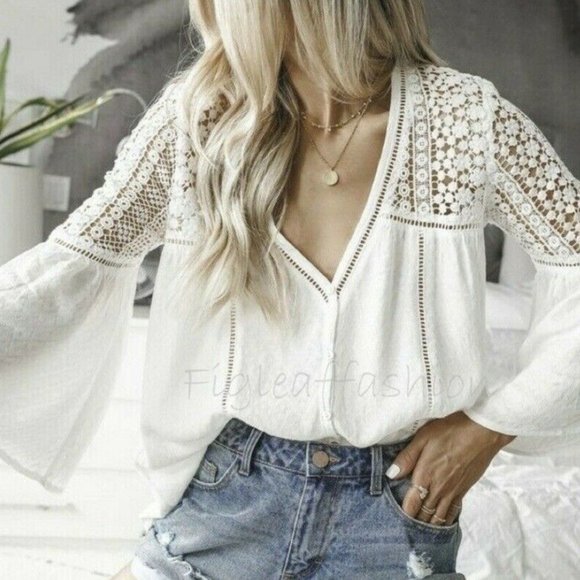 Shop Fig Tops - Boho White Lace Festival Button Front Blouse Top